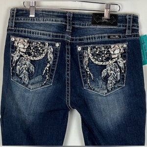 Miss Me Dark Blue Bootcut Jeans with Silver & Cream Embroidery